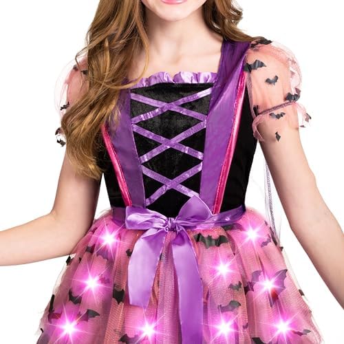 Spooktacular Creations Girls Light Up Witch Costume, Kids Witch Costume with Hat and Broom for Toddler Halloween Dress Party