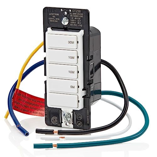 Leviton Countdown Switch for bathroom household lights, 5-10-15-30 min, Neutral Wire Required, 20A, 1HP/16A Fan/Motor, Single Pole, Multi-Way or Multi-Timer, DT230-1LW, White