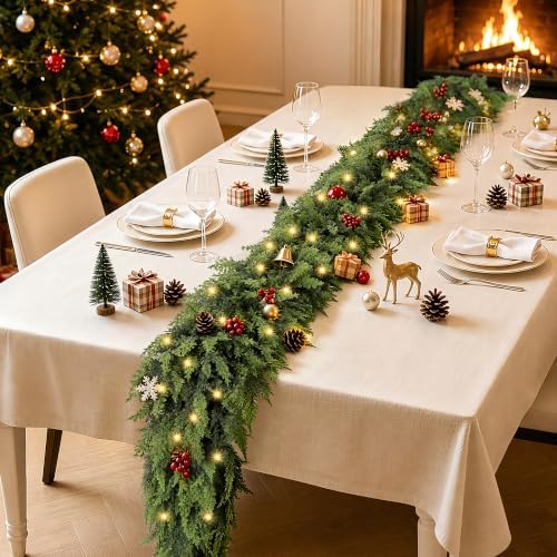 Christmas Garland with Lights Prelit Real Touch Cedar Garland Christmas Decorations 9.1ft Lush Realistic Faux Pine Garlands for Mantle, Table, Stairs, Doorframe, Fireplace Indoor Outdoor Decorations