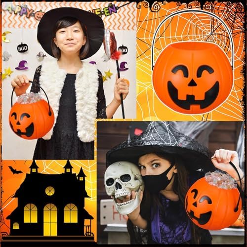 Beeveer 4 Pcs Plastic Pumpkin Buckets, Halloween Candy Baskets, Smile