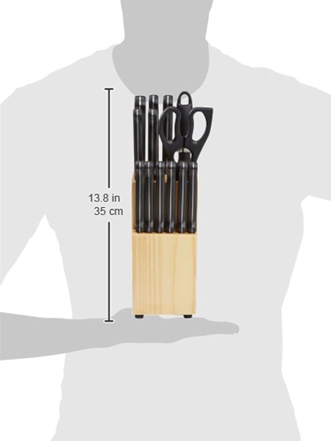 Amazon Basics 14-Piece High Carbon Stainless Steel Kitchen Knife Set with Full Tang Construction, Ergonomic Handles, Sharpener and Pinewood Block, Black