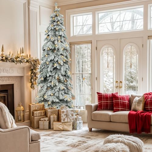 YITAHOME 9ft Prelit Flocked Drooping Pencil Christmas Tree with Pine Cone