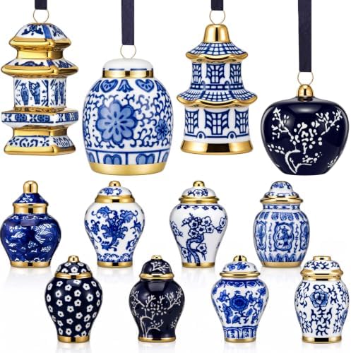 Peryiter 12 Pieces White Blue Christmas Ornaments Chinoiserie Porcelain Christmas Ornaments Mini Ginger Jar for Xmas Tree Decoration(Classic B)