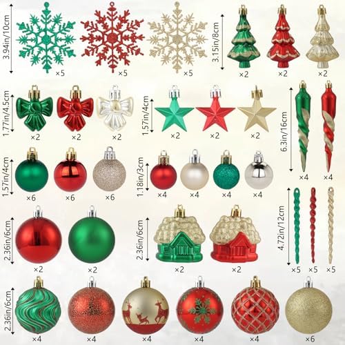 124Ct Red Green and Gold Christmas Ornaments Set, Luxury Shatterproof Assorted Christmas Decorations for Xmas Tree Snowflake Icicle House Ball Ornaments Baubles for Holiday Decor（Red Green Gold）