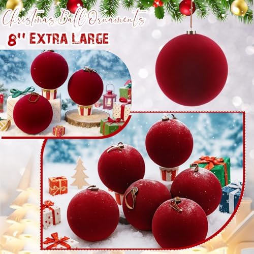 Weysat 6 Pcs 8 Inch Giant Velvet Christmas Ball Ornaments, Burgundy Red