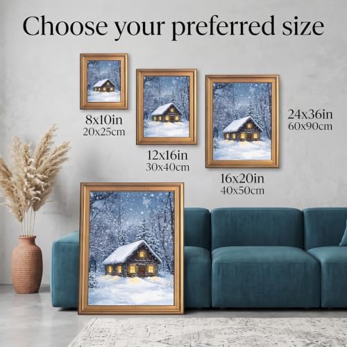 Framed Snowy Cabin Canvas Print Gold Frame Wall Art Inch 24x36