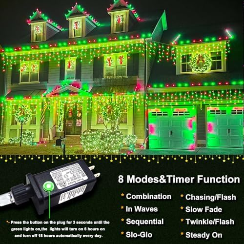 66FT Icicle Lights for Outside 640 LED Red and Green Christmas Lights