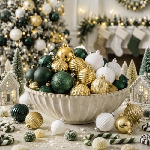 Lunmon 64 Pcs Christmas Ball Ornaments Emerald Green Champagne Gold White