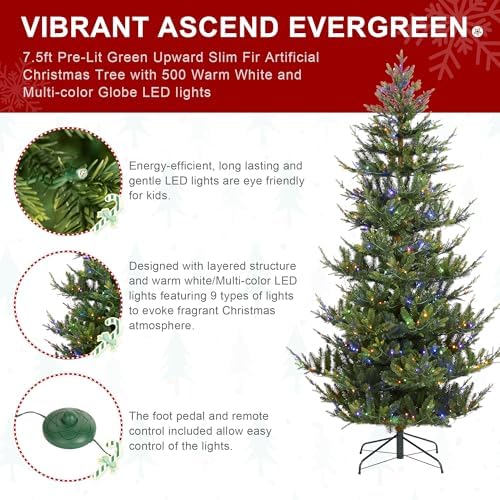 Glitzhome 7.5ft Prelit Christmas Tree, Artificial Christmas Tree with 500 Warm White and Multi-Color LEDs, Green Upward Slim Fir Xmas Tree, Vibrant Ascend Evergreen w/Metal Stand and Remote Control
