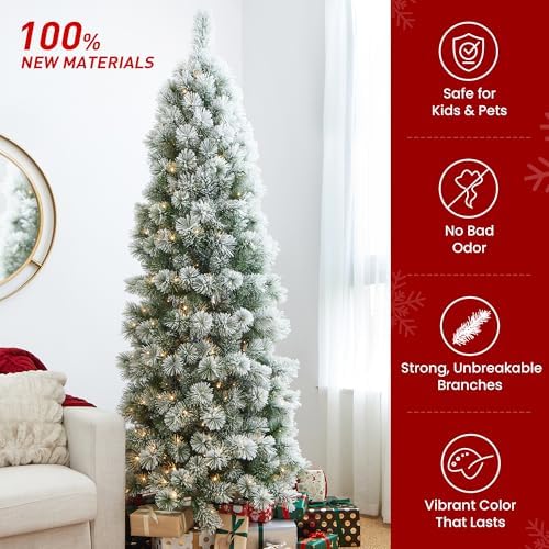 Glitzhome 7.5ft Prelit Christmas Tree, Artificial Christmas Tree with 350 Warm White Lights, Flocked Pencil Christmas Tree and Foldable Metal Stand for Home, Office, Party Decoration, Easy Assembly