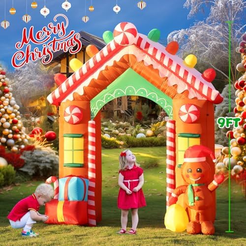 FunFanso 9 FT Christmas Inflatables Archway Outdoor Decorations, Gingerbread Man House Arch Blow Up Yard Decoration with Colorful Gift Boxes, Built-in LED Lights for Garden Porch Xmas Party Decor