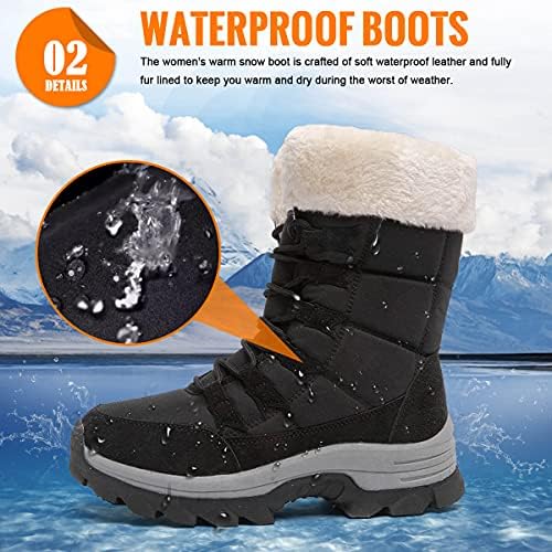 Womens Snow Boots Winter Fur Lined Waterproof Walking Boots Lightweight Outdoor Ankle Boots Ladies Warm Shoes Anti-Slip Mid Calf Boots