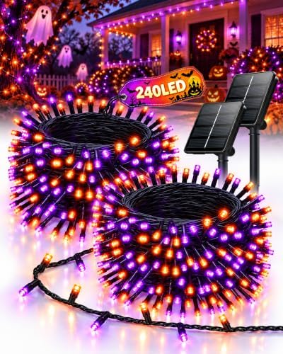 OZS Solar Halloween Lights Outdoor, Purple and Orange 2 Pack 240LED
