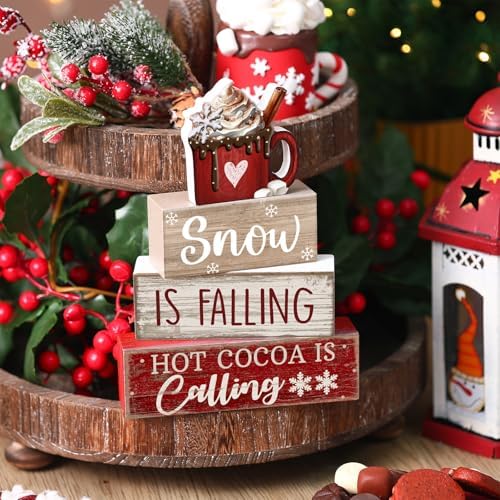 Lineshading 4 Pcs Christmas Table Decor, Hot Cocoa Wood Block Sign Home Set