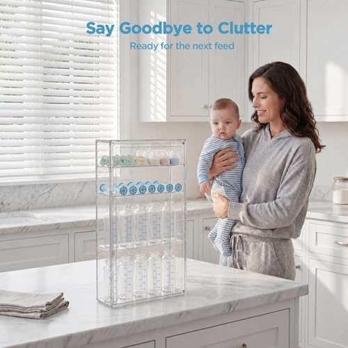 HBlife Baby Bottle Storage Organizer for Wall Countertop Cabinet, 4 Tiers Adjustable Clear Acrylic Bottles Storage Station Case Box Container with 3 Removable Dividers and Magnetic Door, Large