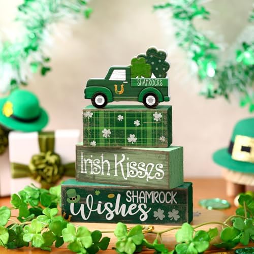 Lineshading 4 Pcs Wooden Shamrock Tiered Tray Decor St Patrick Block Signs