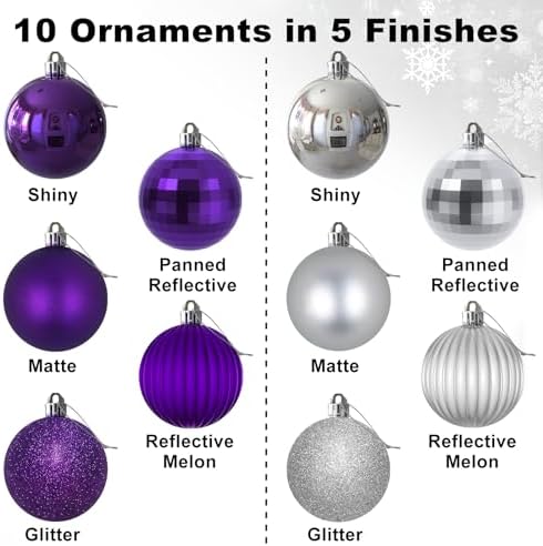 Purple & Silver 3.2" Large Christmas Balls - Christmas Tree Decoration Ornaments Shatterproof Hanging Balls for Birthday Halloween Holiday Wedding Decorations Set of 10pcs
