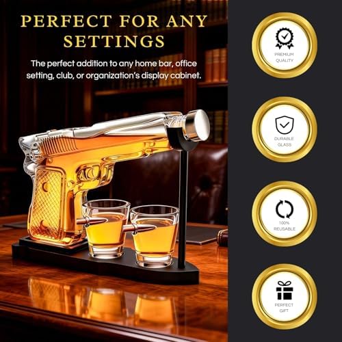 Whiskey Gun Decanter Set + 2 Bullet Glasses - Birthday Pistol Gifts for Men, Boyfriends Who Have Everything, Whiskey Gifts for Dad, Father, Husband, Boyfriend & Military Enthusiasts, Liquor Dispenser