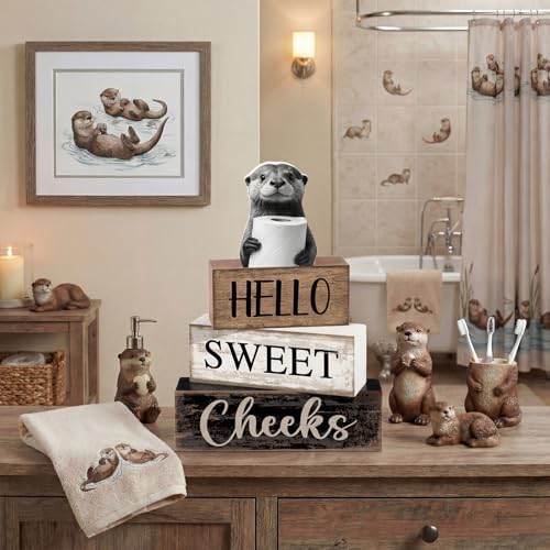 Moucuny 4 Pcs Otter Bathroom Decor Wooden Block Signs Hello Sweet Cheeks