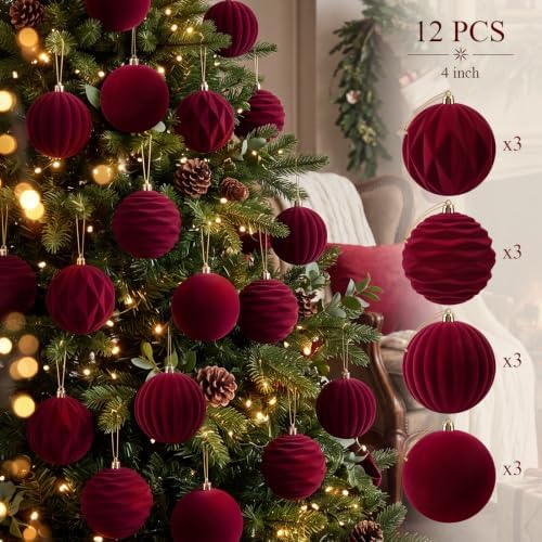 Liliful 4 Inch 12 Pcs Velvet Christmas Ornaments Balls, Burgundy Red