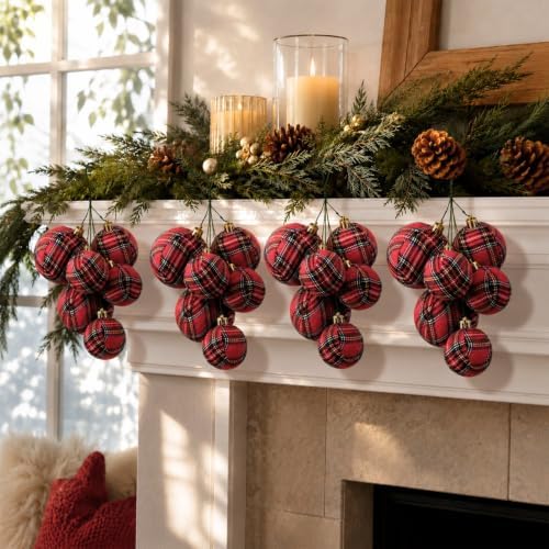 Roowest 4 Sets Buffalo Plaid Glitter Christmas Ball Clusters Ornament Decor