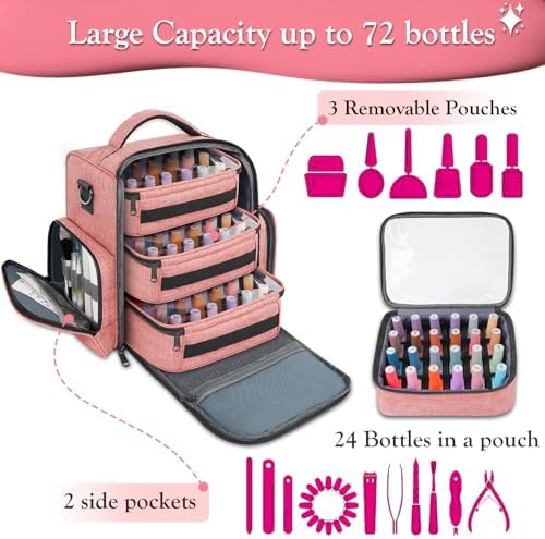 YOREPEK Nail Polish Organizer with 3 Removable Pouches for 72 Bottles, Pink