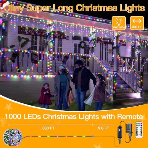 Ollny Christmas Lights 1000 LED 330 FT, IP67 Waterproof Plug in Christmas Tree Lights with Remote, 8 Modes, 3 Timers, Dimmable, House Xmas Indoor Decorations Outdoor Christmas Lights (Multicolored)