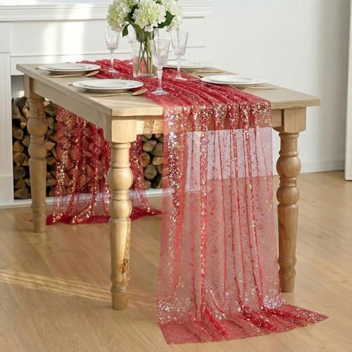Artoid Mode Red Gold Gauze Table Runner 59x120 Inch 10FT, Glitter Metallic Foil Sheer Dining Wedding Anniversary Holiday Table Decor for Home Party