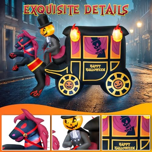 10FT Long Halloween Inflatables Built-in LED Light Pumpkin-Headed Horse Carriage, Giant Halloween Decorations Outdoor Blow Up Yard Decorations Spooky Ghost Carriage Halloween Blowups for Lawn Party