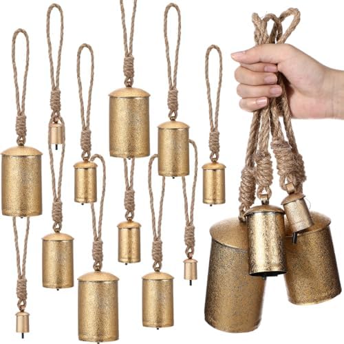 AceOrbit 12 Pcs Wedding Rustic Metal Cow Bells Set 1.75"/3"/4"/5" Hanging Vintage Giant Gold Christmas Harmony Bells on Jute Rope Vintage Farmhouse Xmas Tree Ornaments for Craft Wedding Decorations
