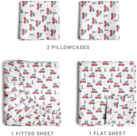 Cal King Christmas Cars Sheet Set - Holiday Xmas Pattern Linen Set - Deep Pockets - Snug Fit - 4 Piece - Wrinkle Free - Comfy & Cooling Bedding - Easy to Care for - Kid Friendly - by CGK Linens