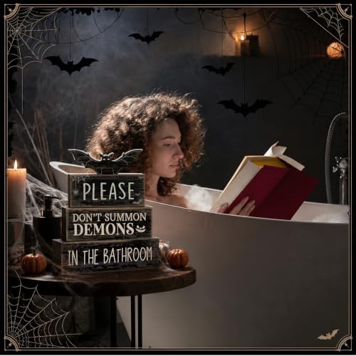 Moucuny 4 Pcs Halloween Bathroom Decoration Gothic Bat Wooden Stacked Block