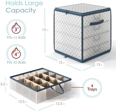 Hearth & Harbor Christmas Ornament Storage Box With 4 Inner Tray Dividers - Plastic Ornament Storage Container For 64 Holiday Ornaments or Decorations