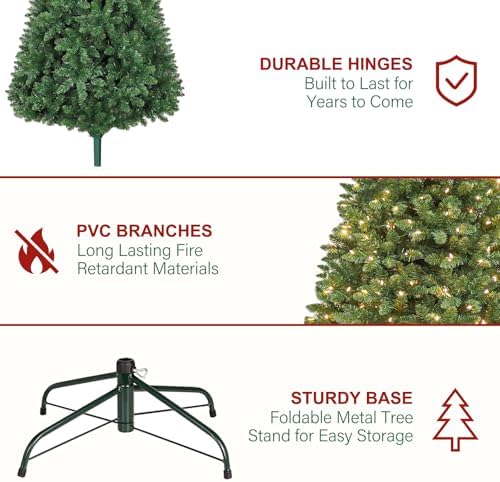 Hykolity 7.5 ft Prelit Christmas Tree with 1,450 Branch Tips, 450 Warm White Led Lights, Hinged Design and Sturdy Metal Stand