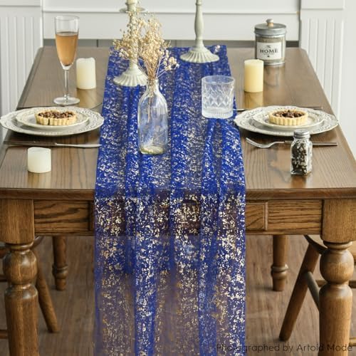 Artoid Mode 3PCS Blue Gold Gauze Table Runner 120 Inch 10FT, Glitter Metallic Foil Sheer Dining Wedding Anniversary Holiday Table Decor for Home Party