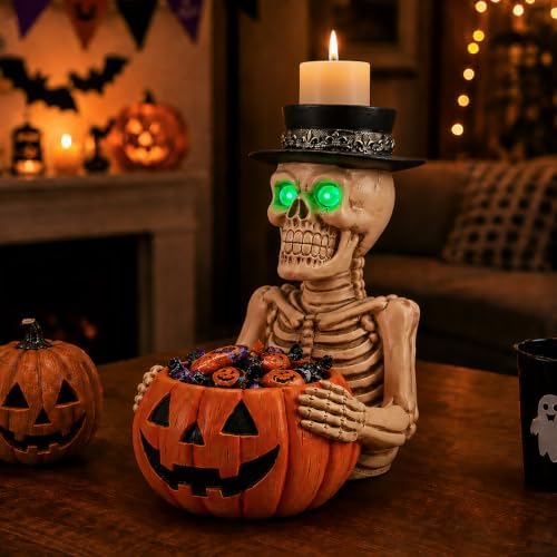 Halloween Glowing Eye Skeleton Statue with Pumpkin Candy Bowl