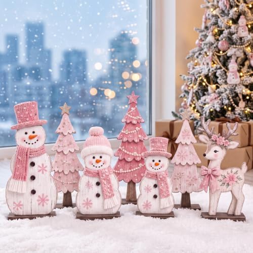 7 Pcs Christmas Table Decor Wooden Snowman Tree Deer Decor, Pink