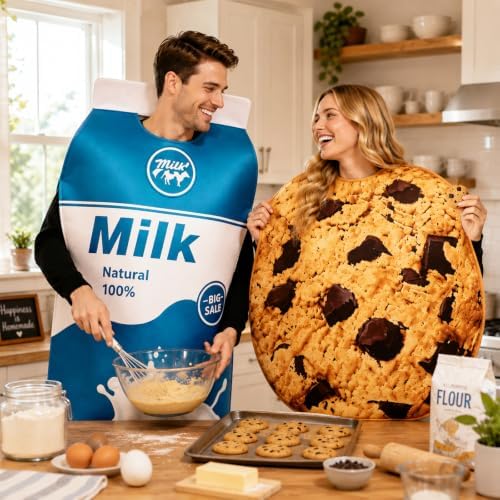 Milk and Cookie Couples Costume for Adults, Funny Halloween Matching Food Cosplay Outfit Set for Men Women, Cute Dessert Theme Party Dress Up Costume