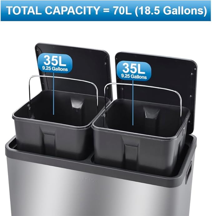 Step N' Sort The 18.5 Gallon Extra Large Capacity, Soft-Step, Dual Trash and Recycling Bin with Removable Inner Bins, Silver