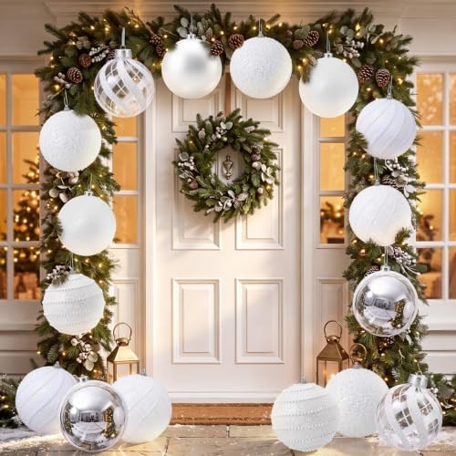 Lyrow 8 Pcs 6'' Large Christmas Ball Ornaments White Silver Xmas Ornaments