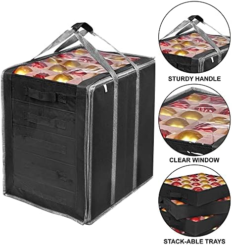 ProPik Christmas Ornament Storage Boxes with Dividers - 5 Separate Trays - Ornament Holder - Keeps 100 Holiday Ornaments - Durable Carrying Bag Handles Organizer Storage Box (Black)