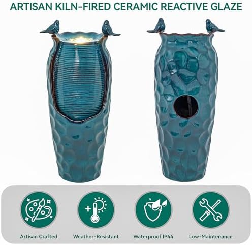 Autodaya 33" Vase Ceramic Outdoor Water Fountain with Lights and Birds