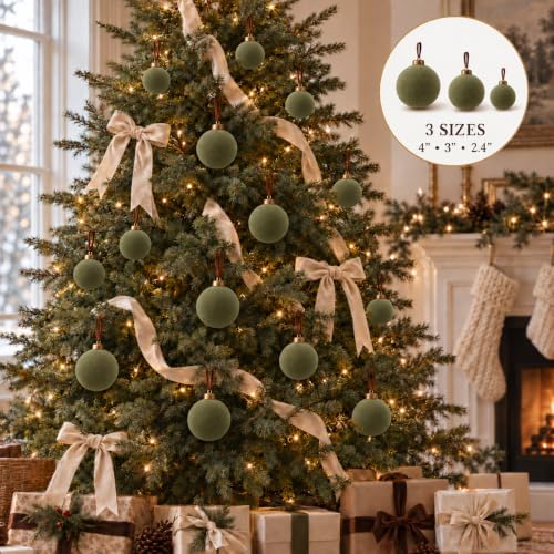 Velvet Flocked Christmas Ornaments Set – Premium Shatterproof Christmas Ball Ornaments with Brass Metal Caps, Assorted Sizes for Christmas Tree, Holiday & Seasonal Home Décor (Green 15pcs)