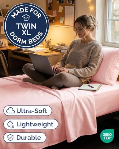 Twin XL Size 3 Piece Sheet Set - Breathable & Cooling Sheets - Baby Pink