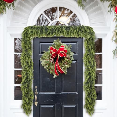 6FT 1Pcs Christmas Cedar Garland Artificial Realistic Soft Thick Green Faux Lush Cedar Pine Garland for Fireplace Mantel Stairs Doorframe Table Porch Indoor Outdoor Holiday Decor