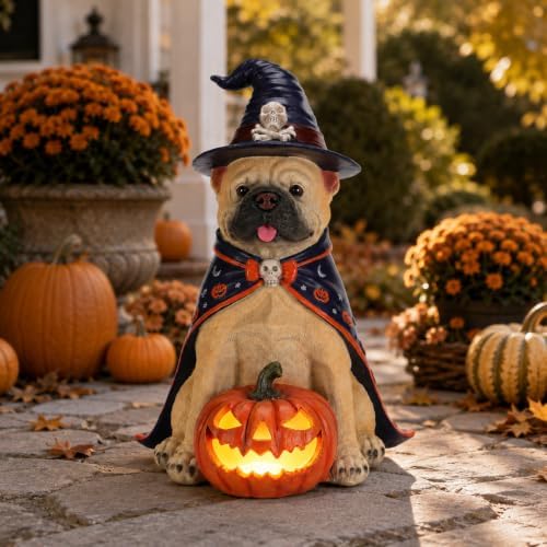 Halloween Large French Bulldog Statue with Glowing Pumpkin,Porch Decor