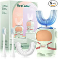 RexCodar Ultrasonic Kid's U-Shaped Electric Toothbrush, IPX7 Waterproof, Five Cleaning Modes, Cartoon Astronaut, 60S Smart Reminder (6-12 Age (Green))