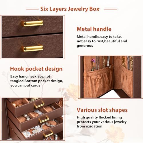 AKOZLIN 6-Tier Jewelry Box Organizer 5 Drawers Storage Brown Regular
