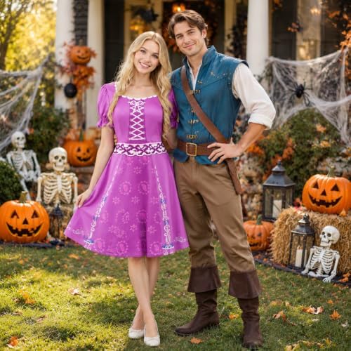 Rapunzel Costume Women Printed Purple Princess Dress Puff Sleeves Twirl Skirt Gown Halloween Cosplay Party Dress