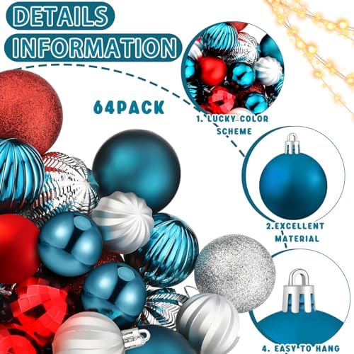 Lunmon 64 Pcs Red Blue and Silver Christmas Ornaments Patriotic Xmas Balls